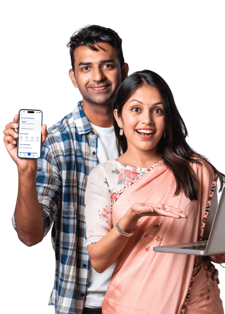 Smiling woman holding a tablet, promoting special RemitBee offer for new Indian users.